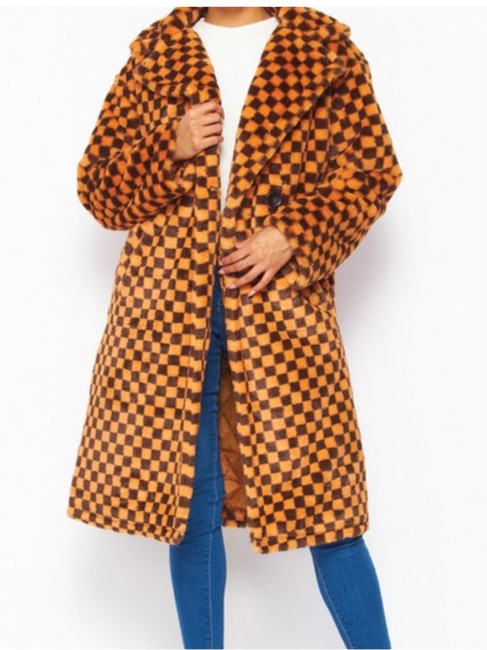 Hot and Delicious Fuzzy Feelings Checkered Faux Fur Teddy Trench Coat Size Med